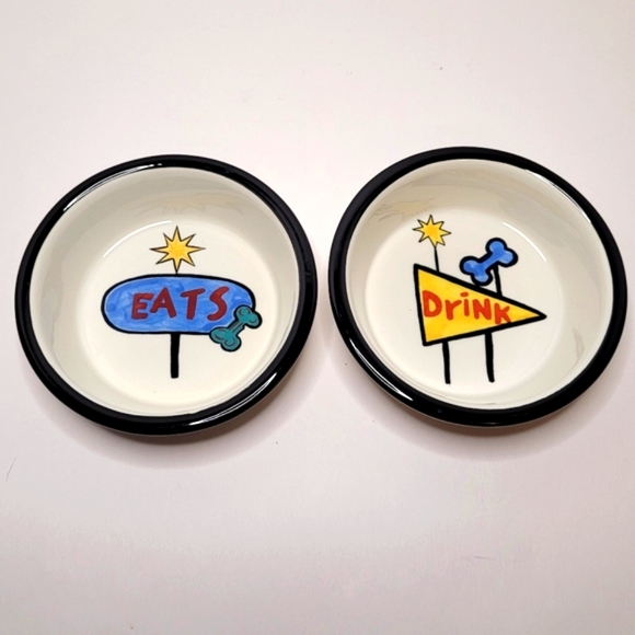 EAT and DRINK Set of 2 Ceramic Pet Food Bowls Handpainted Diner Decor Vibes RARE - Picture 7 of 7